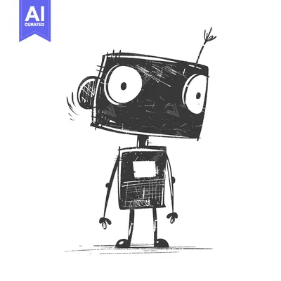 Aset premium populer: A hand-drawn illustration of a black robot with a large head and wide