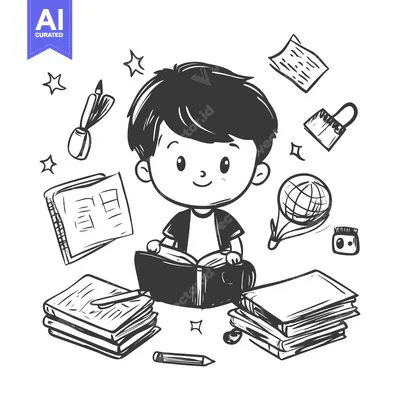 Premium design asset: A Hand-Drawn Illustration of a Boy Reading with School Supplies Around