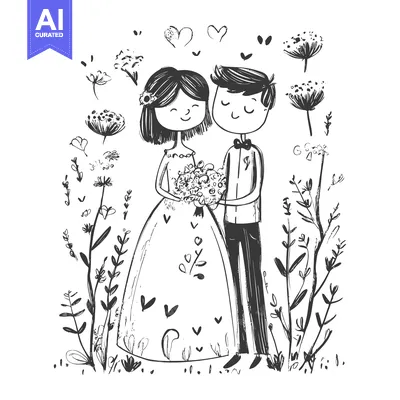 Aset desain premium: A Hand-Drawn Illustration of a Bride and Groom in a Floral Setting