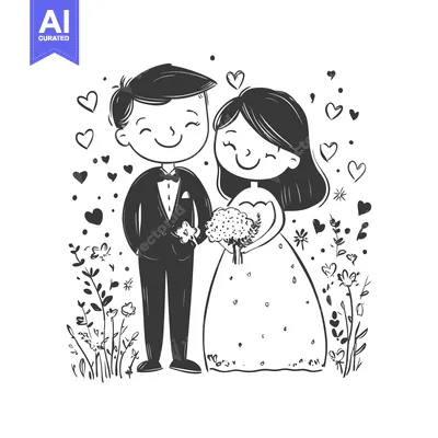 Aset premium populer: A Hand-Drawn Illustration of a Bride and Groom with Hearts and Flowers