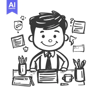 Aset premium populer: A Hand-Drawn Illustration of a Businessman at His Desk with Papers, Pe
