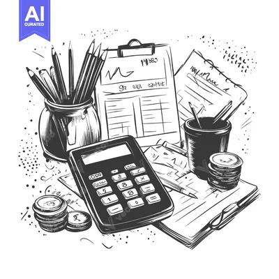 Aset desain premium: A Hand-Drawn Illustration of a Calculator, Pencils, a Clipboard, a Not