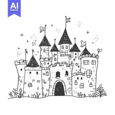 Premium design asset: A Hand-Drawn Illustration of a Cartoon Castle with Flags and Plants