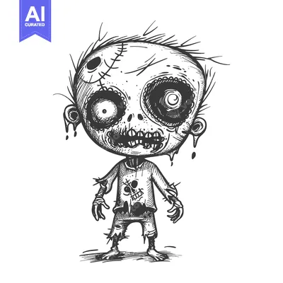 Aset premium populer: A hand-drawn illustration of a cartoon zombie with stitches and a skul