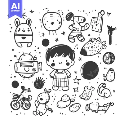 Aset desain premium: A Hand-Drawn Illustration of a Child and Various Objects Surrounded by