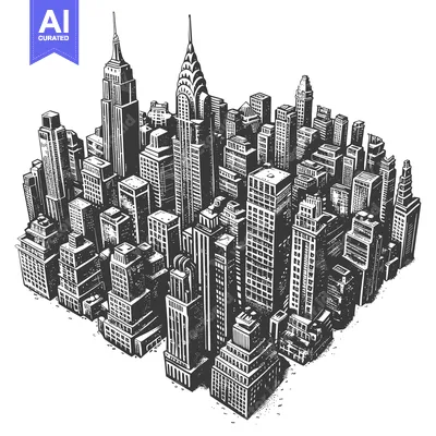 Aset desain premium: A Hand-Drawn Illustration of a City Skyline with Tall Buildings