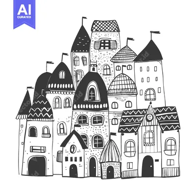 Aset premium populer: A Hand-Drawn Illustration of a Cluster of Whimsical Houses
