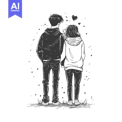 Aset desain premium: A Hand-Drawn Illustration of a Couple Holding Hands and Looking Upward