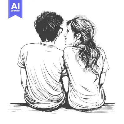 Aset premium populer: A hand-drawn illustration of a couple in love, gazing at each other fr