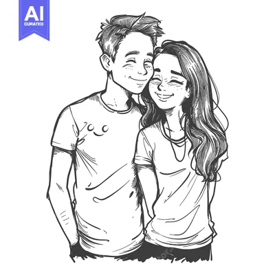 Popular premium asset: A hand-drawn illustration of a couple in love, smiling and embracing.