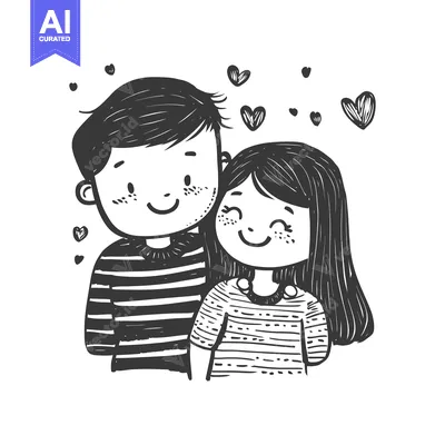 Aset premium populer: A Hand-Drawn Illustration of a Couple in Love Surrounded by Hearts