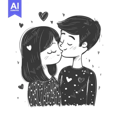 Aset premium populer: A Hand-Drawn Illustration of a Couple Sharing a Romantic Kiss