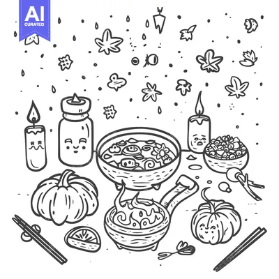 Aset desain premium: A Hand-Drawn Illustration of a Cozy Fall Scene with Pumpkins, Candles,