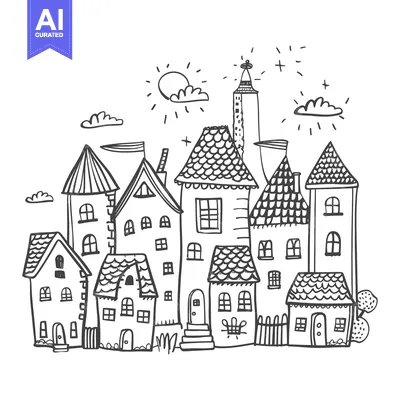 Aset premium populer: A Hand-Drawn Illustration of a Cute Little Town with Houses, a Sun, an