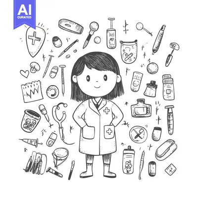 Aset desain premium: A Hand-Drawn Illustration of a Female Doctor Surrounded by Medical Sup