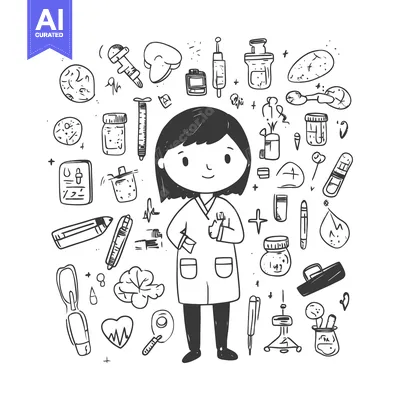 Aset desain premium: A Hand-Drawn Illustration of a Female Scientist Surrounded by Science-