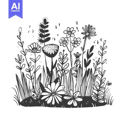 Aset desain premium: A Hand-Drawn Illustration of a Flower Patch with Black Ink