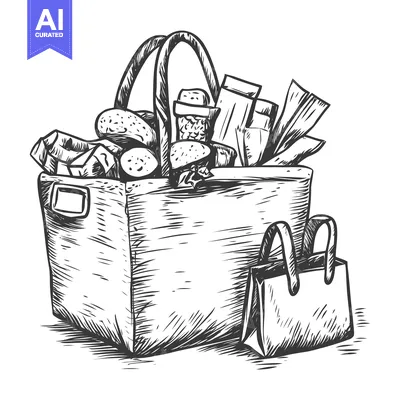 A Hand-Drawn Illustration of a Full Shopping Bag with Groceries