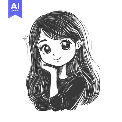 Aset premium populer: A Hand-Drawn Illustration of a Girl with Long Hair and Large Eyes