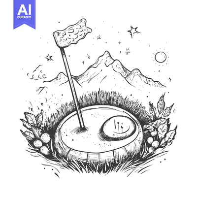 Aset premium populer: A Hand-Drawn Illustration of a Golf Course Hole with a Flag and Surrou