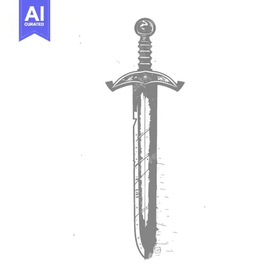 Aset desain premium: A Hand-Drawn Illustration of a Grey Sword with a Detailed Hilt