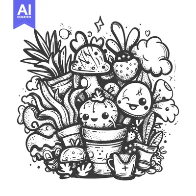 Aset desain premium: A Hand-Drawn Illustration of a Group of Cute Cartoon Plants in Pots