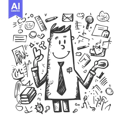 Aset desain premium: A Hand-Drawn Illustration of a Happy Businessman Surrounded by Office