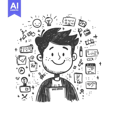 Premium design asset: A Hand-Drawn Illustration of a Happy Person Surrounded by Creative Ide