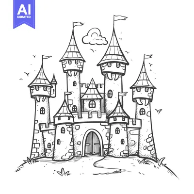 A Hand-Drawn Illustration of a Medieval Castle with Towers and Flags