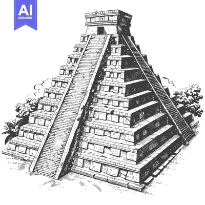 Aset desain premium: A hand-drawn illustration of an ancient Mayan pyramid with a long stai