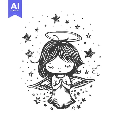 Aset desain premium: A Hand-Drawn Illustration of an Angel Surrounded by Stars