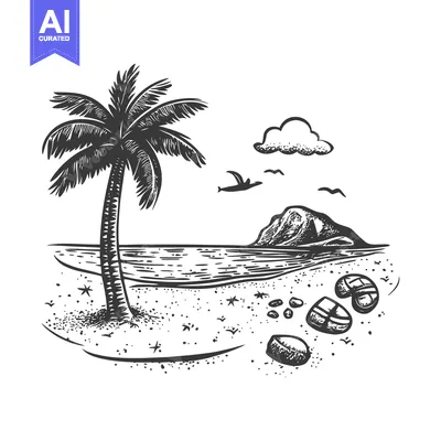 Aset premium populer: A Hand-Drawn Illustration of a Palm Tree on a Beach with Mountains, Se