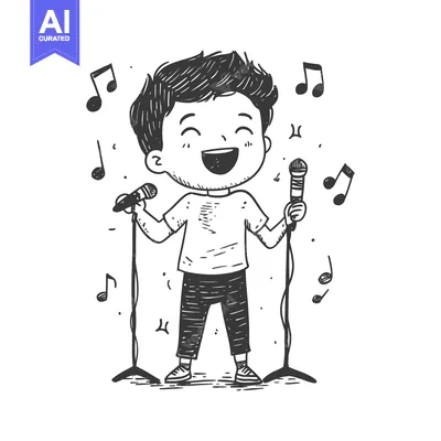 Aset desain premium: A Hand-Drawn Illustration of a Person Singing with a Microphone and Mu