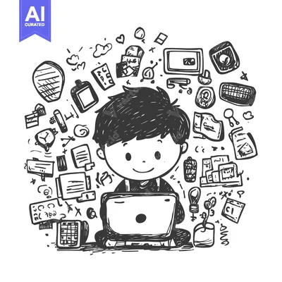 Aset desain premium: A Hand-Drawn Illustration of a Person Working on a Laptop Surrounded b