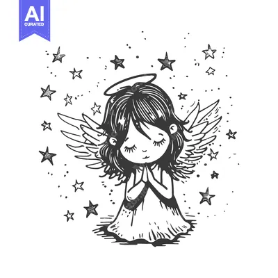 Aset premium populer: A Hand-Drawn Illustration of a Praying Angel with Halo and Wings