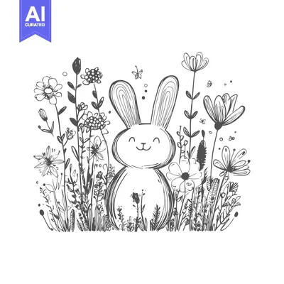 Aset desain premium: A Hand-Drawn Illustration of a Rabbit Amidst a Field of Flowers