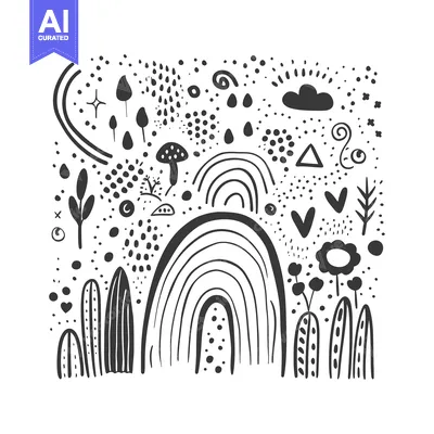 A Hand-Drawn Illustration of a Rainbow in a Forest Setting