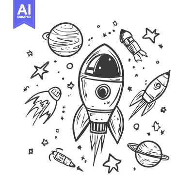 Aset premium populer: A hand-drawn illustration of a rocket, planets, and stars in space