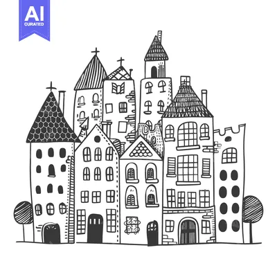 Aset premium populer: A Hand-Drawn Illustration of a Row of Houses with Detailed Facades