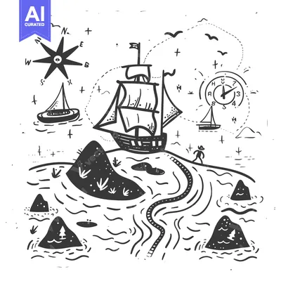 Aset desain premium: A Hand-Drawn Illustration of a Ship Sailing Through a Whimsical Seasca