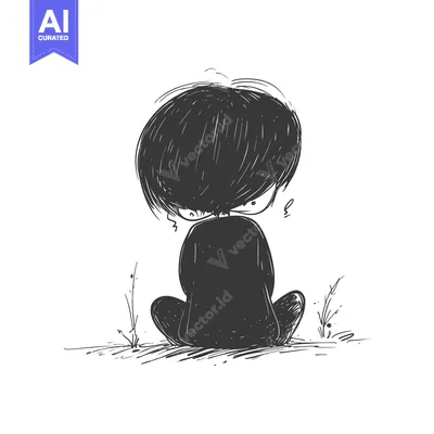 Aset desain premium: A Hand-Drawn Illustration of a Silhouette of a Person Sitting with The