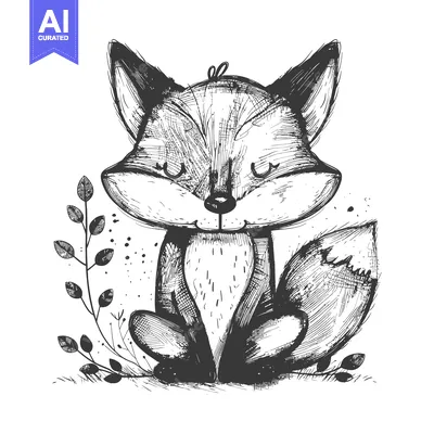 A Hand-Drawn Illustration of a Sitting Fox Surrounded by Leaves