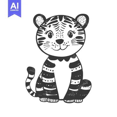 Aset premium populer: A Hand-Drawn Illustration of a Sitting Tiger Cub with Black Stripes