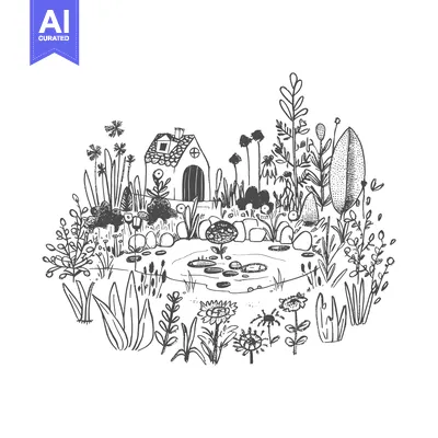A Hand-Drawn Illustration of a Small Cottage Beside a Pond Surrounded