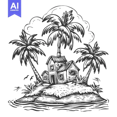 Aset desain premium: A Hand-Drawn Illustration of a Small Island with Palm Trees and a Hous