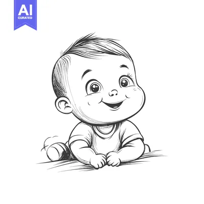 A Hand-Drawn Illustration of a Smiling Baby on its Belly
