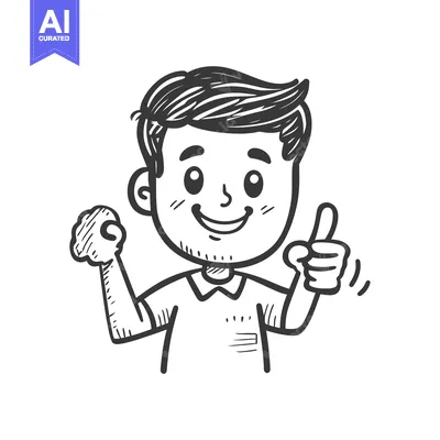Premium design asset: A Hand-Drawn Illustration of a Smiling Boy Pointing Upward