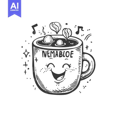 Premium design asset: A Hand-Drawn Illustration of a Smiling Coffee Mug with Steam and Music
