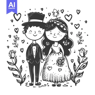 Aset desain premium: A  Hand-Drawn Illustration of a Smiling Couple in Wedding Attire