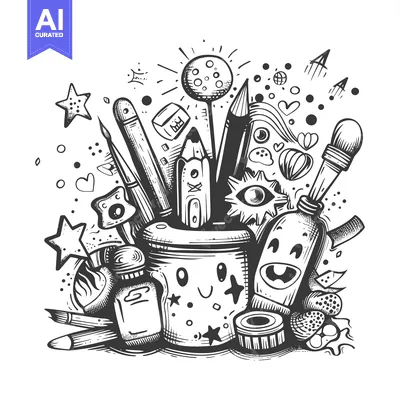 Aset premium populer: A Hand-Drawn Illustration of a Smiling Cup Filled with Art Supplies